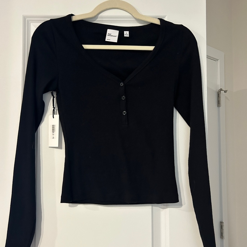 TNA Black V-Neck Long Sleeve Top HENLEY